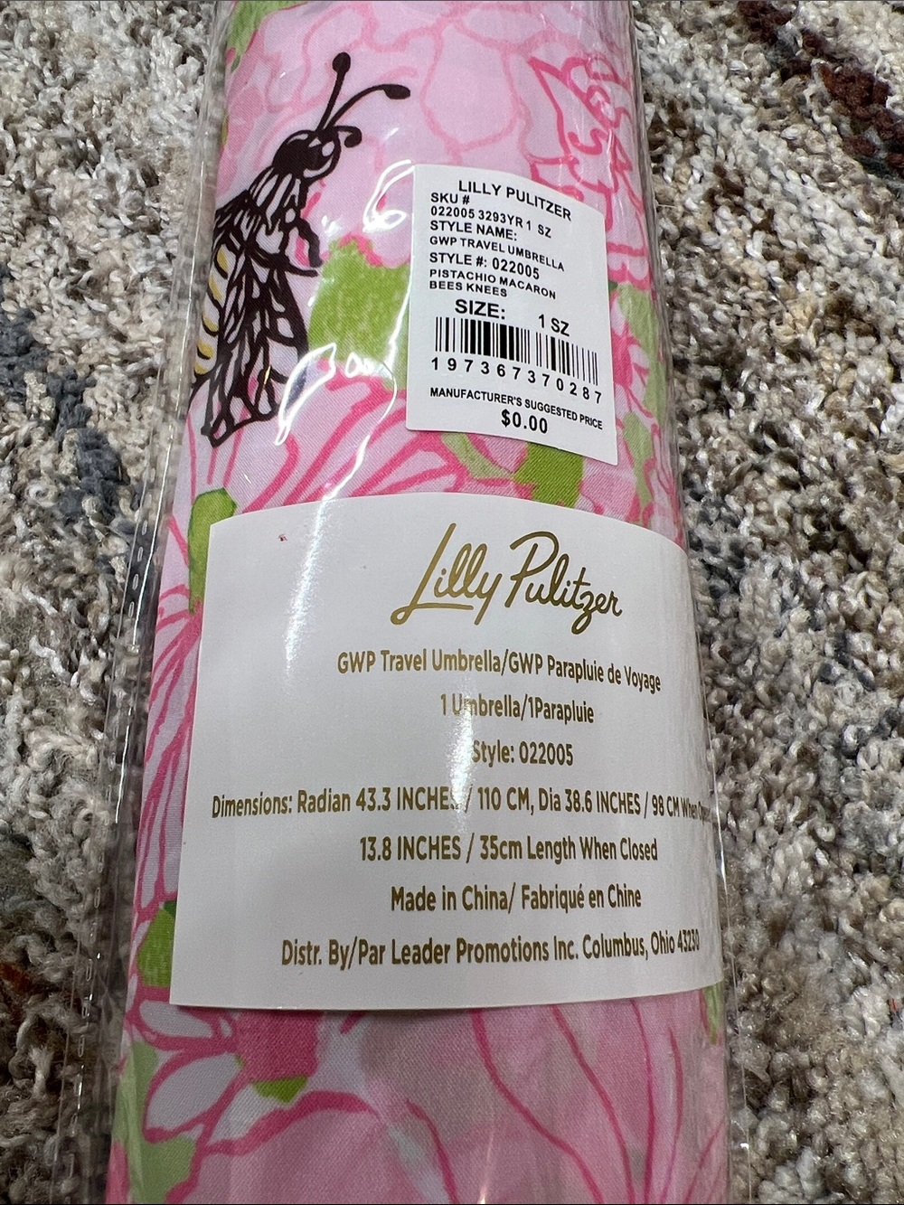Lilly Pulitzer Pink Floral & Bee Print Umbrella - Picture 4 of 4